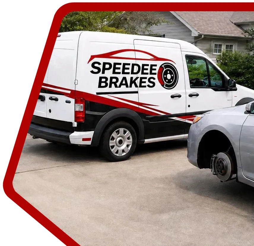 The white Speedee Brakes van parked in a home driveway next to a silver car with its front wheel off for brake work